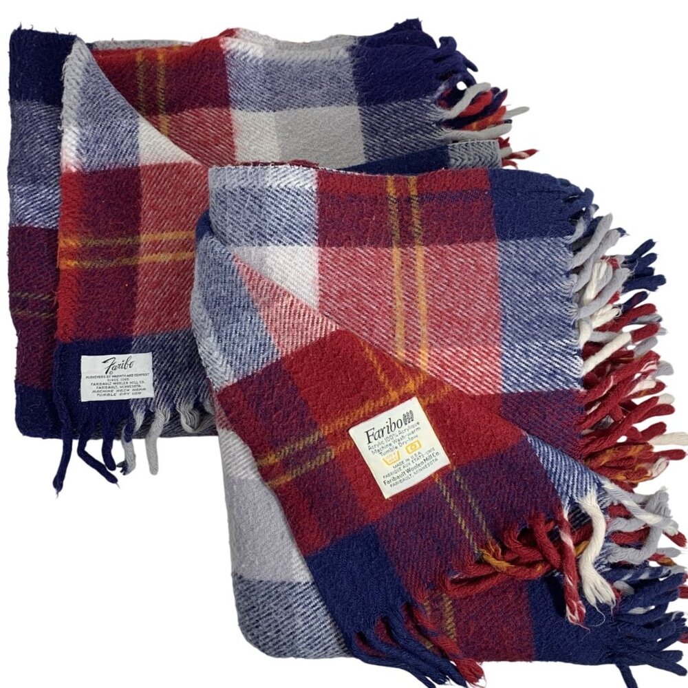 VTG Lot of 2 FARIBO Plaid Tartan Stadium Lap Blanket Throws Acrylic Made In USA